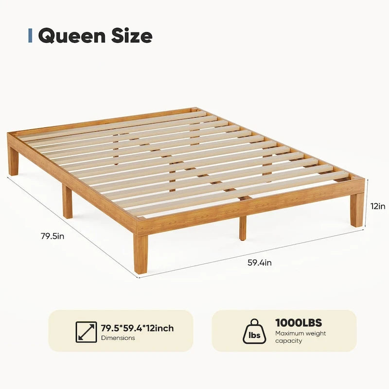 Lit plateforme Queen Size en bois massif, capacité de 450 kg, rangement sous le lit (sans tête de lit)