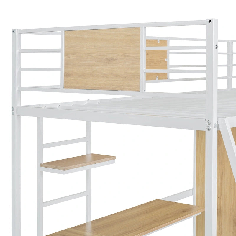 Lit mezzanine blanc en métal et bois, taille double, avec bureau en L, armoire, barrière et échelle