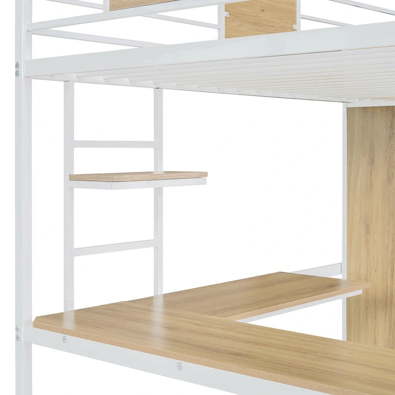 Lit mezzanine blanc en métal et bois, taille double, avec bureau en L, armoire, barrière et échelle