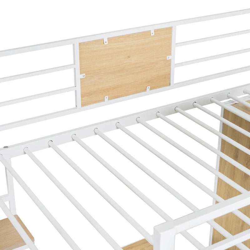 Lit mezzanine blanc en métal et bois, taille double, avec bureau en L, armoire, barrière et échelle