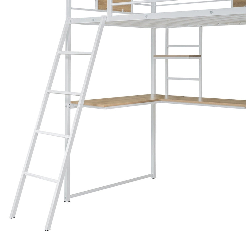 Lit mezzanine blanc en métal et bois, taille double, avec bureau en L, armoire, barrière et échelle