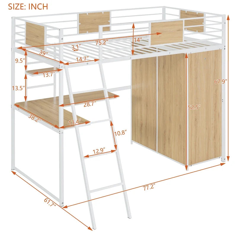Lit mezzanine blanc en métal et bois, taille double, avec bureau en L, armoire, barrière et échelle