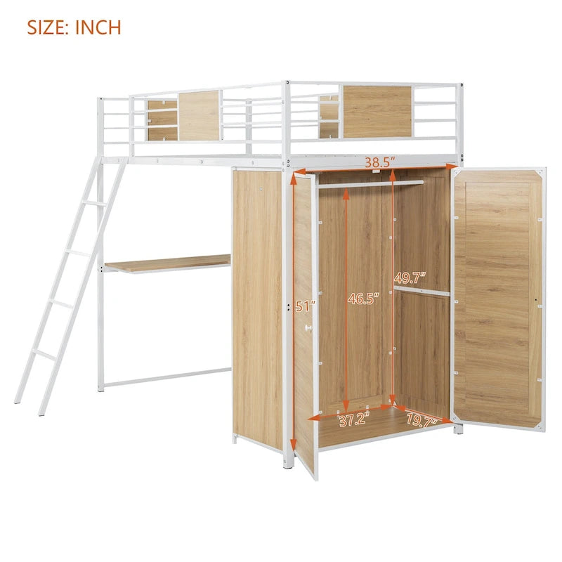 Lit mezzanine blanc en métal et bois, taille double, avec bureau en L, armoire, barrière et échelle