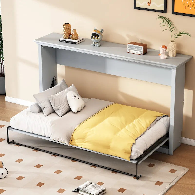 Lit escamotable grand format avec bureau, étagères de rangement et armoires