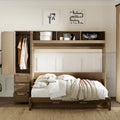 Lit escamotable double en bois avec armoire, tiroirs et étagères