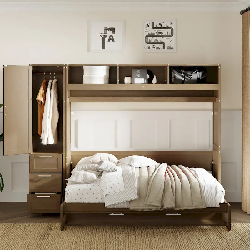 Lit escamotable double en bois avec armoire, tiroirs et étagères
