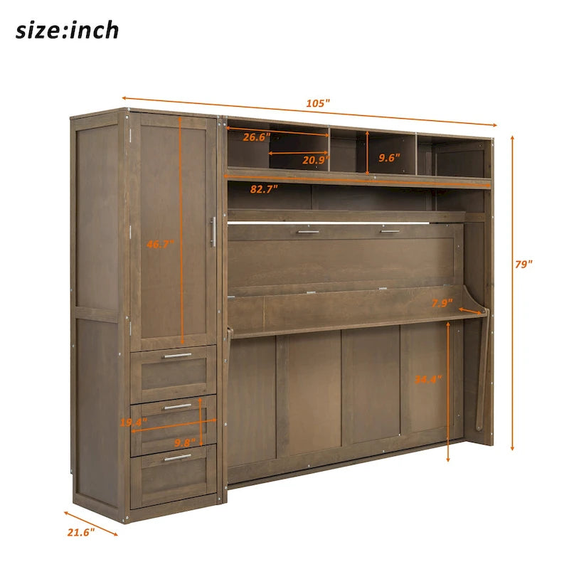 Lit escamotable double en bois avec armoire, tiroirs et étagères