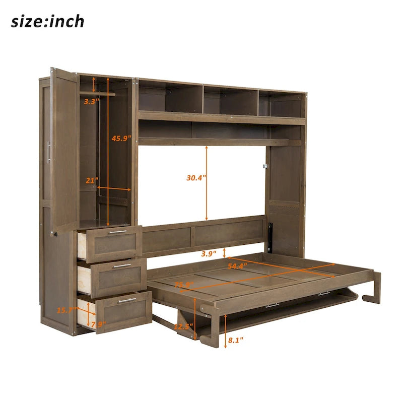 Lit escamotable double en bois avec armoire, tiroirs et étagères
