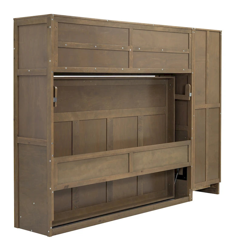 Lit escamotable double en bois avec armoire, tiroirs et étagères