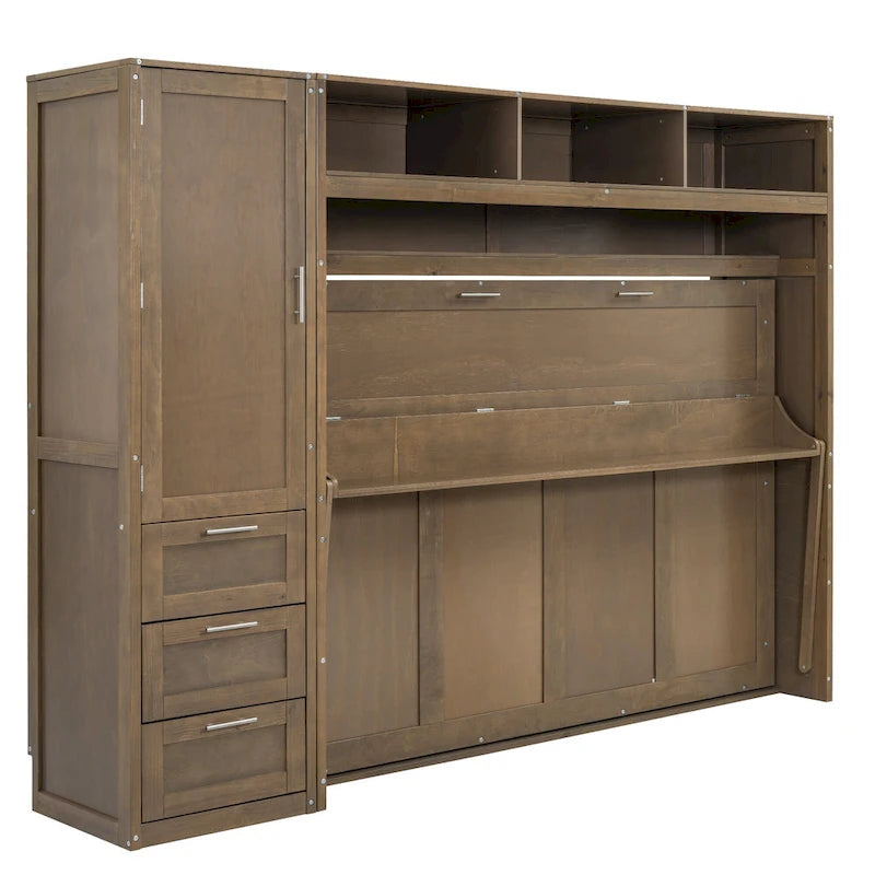 Lit escamotable double en bois avec armoire, tiroirs et étagères