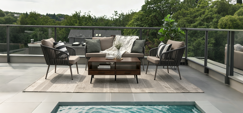 Table basse contemporaine avec tiroirs et rangement ouvert