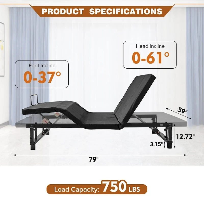 Cadre de lit ajustable Queen avec inclinaison tête et pieds, télécommande sans fil, gravité zéro