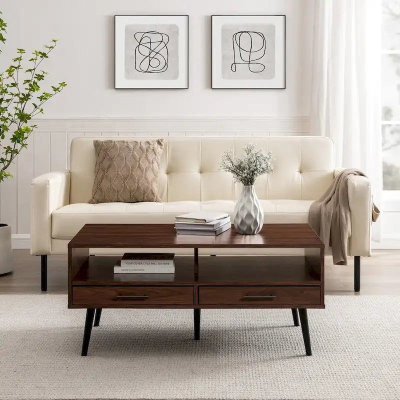 Table basse contemporaine avec tiroirs et rangement ouvert