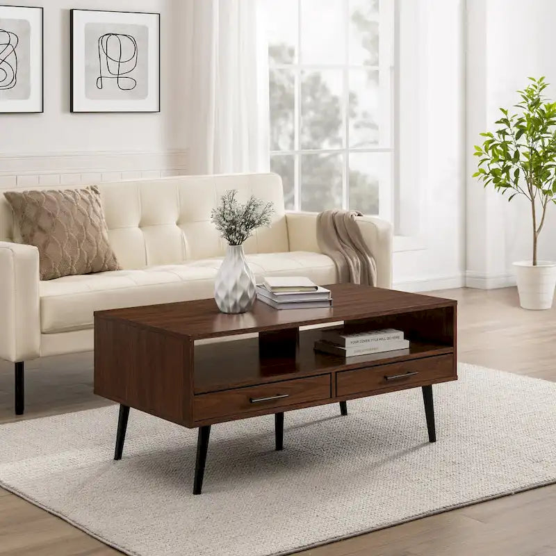 Table basse contemporaine avec tiroirs et rangement ouvert