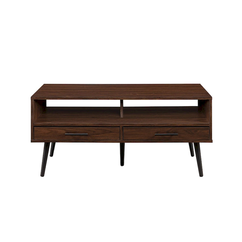 Table basse contemporaine avec tiroirs et rangement ouvert