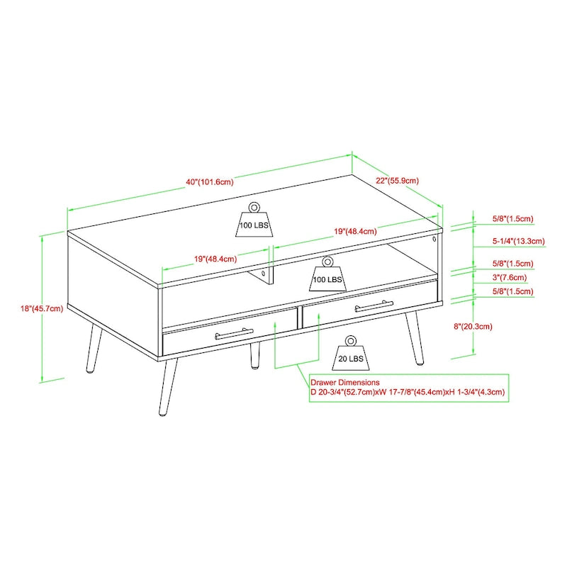 Table basse contemporaine avec tiroirs et rangement ouvert