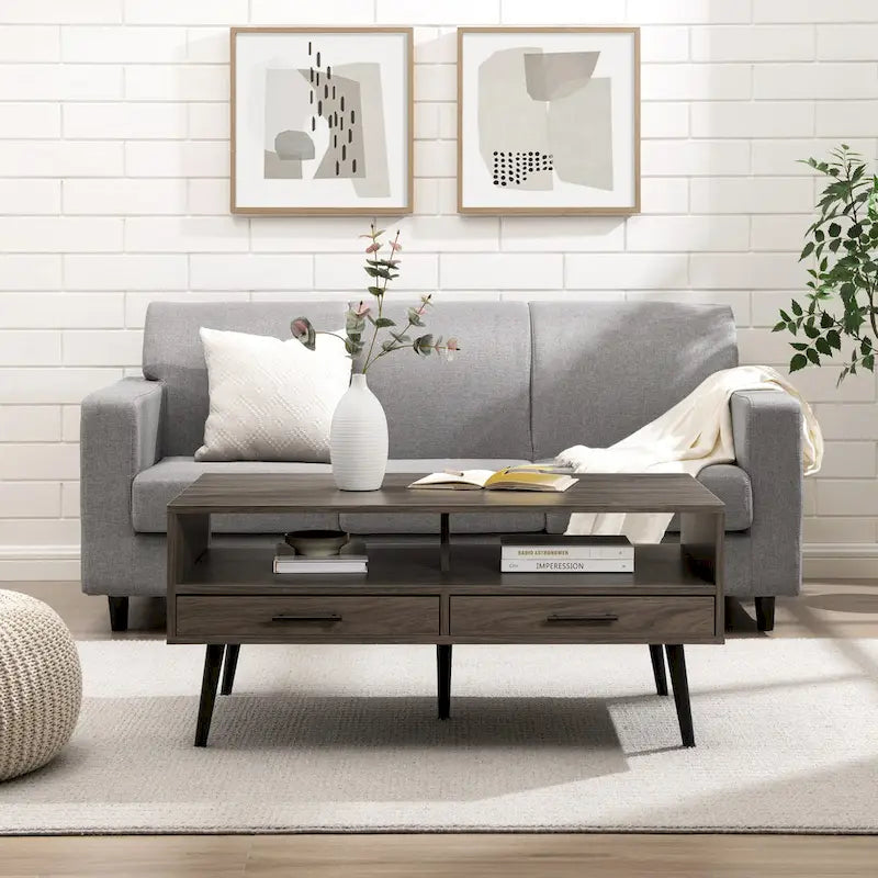 Table basse contemporaine avec tiroirs et rangement ouvert