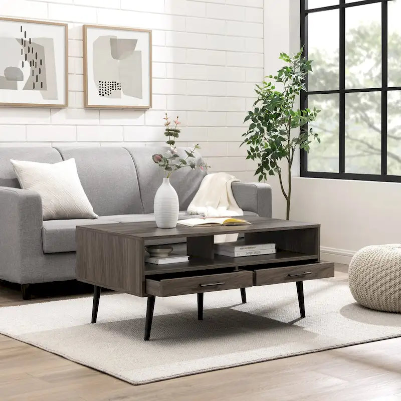 Table basse contemporaine avec tiroirs et rangement ouvert