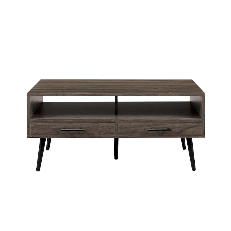 Table basse contemporaine avec tiroirs et rangement ouvert