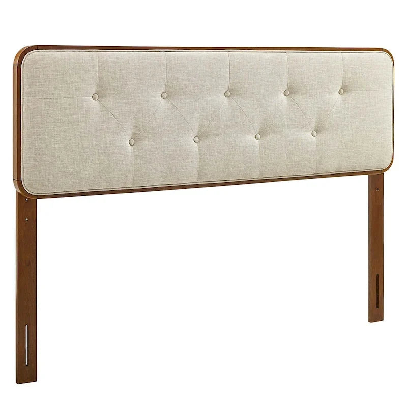 Tête de lit capitonnée en tissu beige traditionnel avec cadre en bois de noyer King size