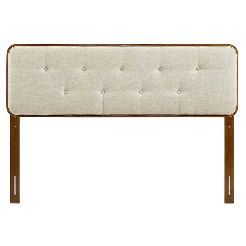 Tête de lit capitonnée en tissu beige traditionnel avec cadre en bois de noyer King size