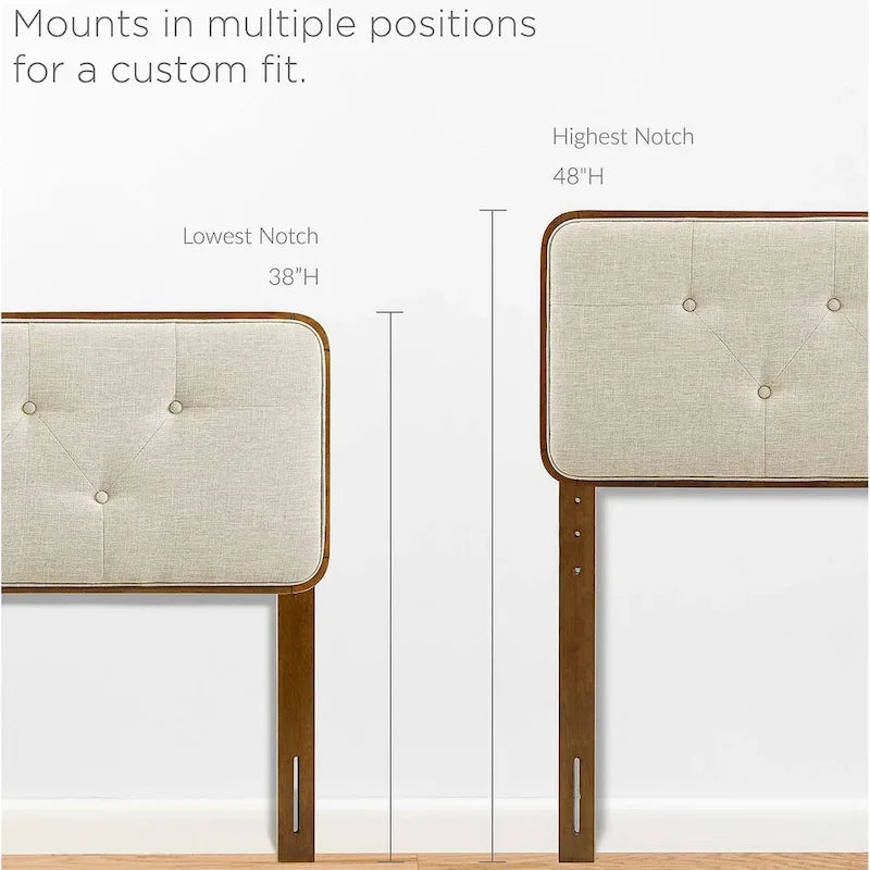 Tête de lit capitonnée en tissu beige traditionnel avec cadre en bois de noyer King size