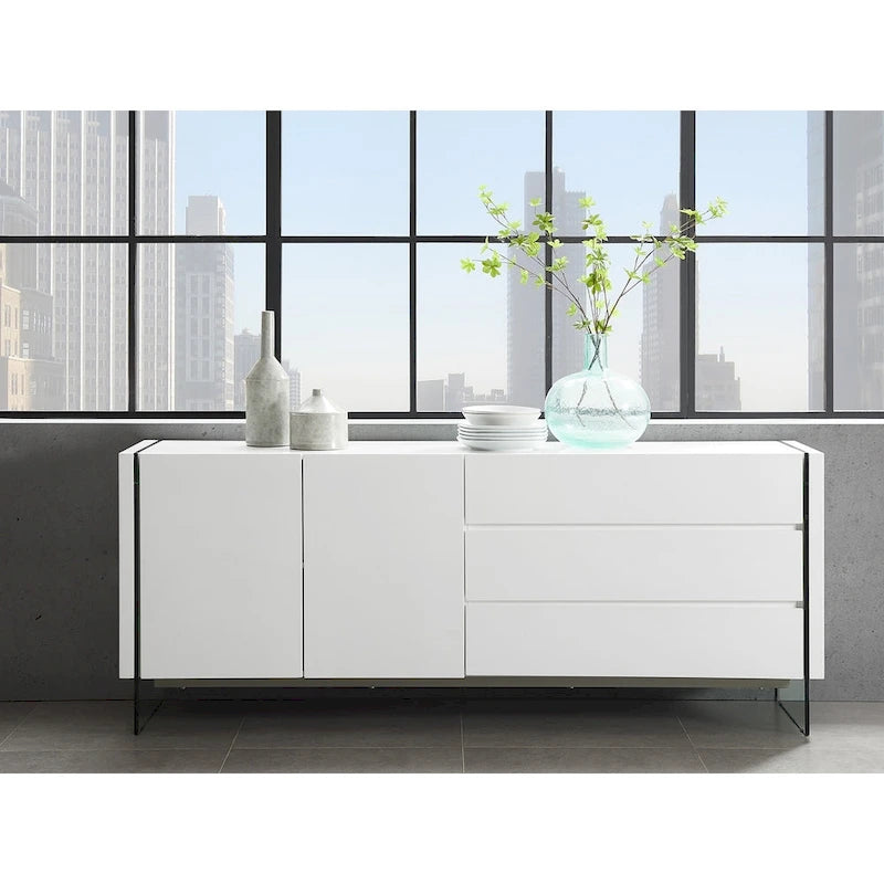 Bahut en laque blanche brillante avec vitrine en verre transparent