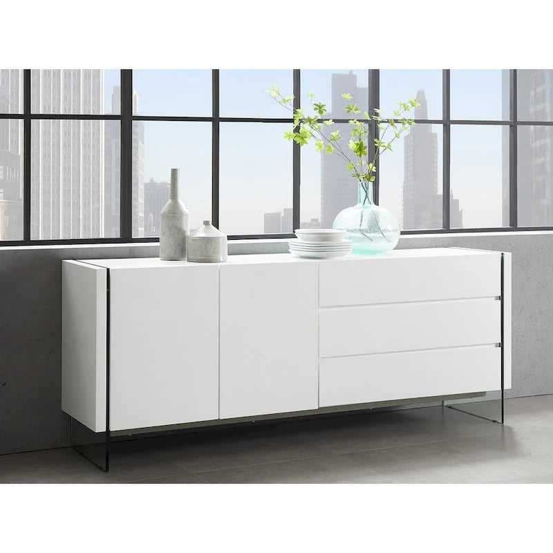 Bahut en laque blanche brillante avec vitrine en verre transparent