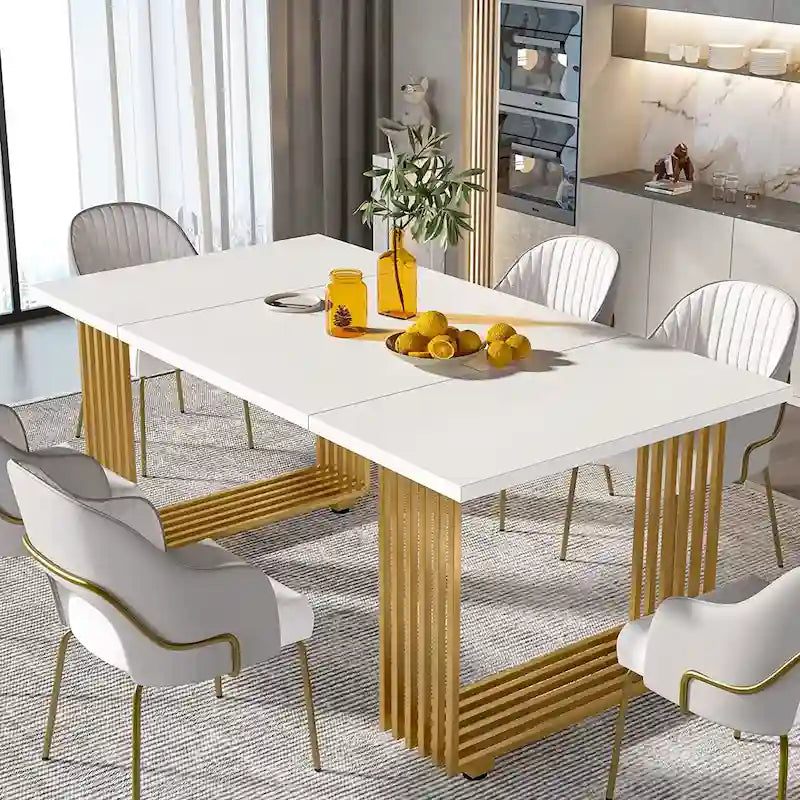 Table à manger moderne blanche et dorée pour 6-8 personnes, 180 cm