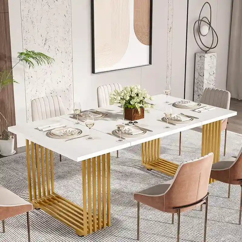 Table à manger moderne blanche et dorée pour 6-8 personnes, 180 cm