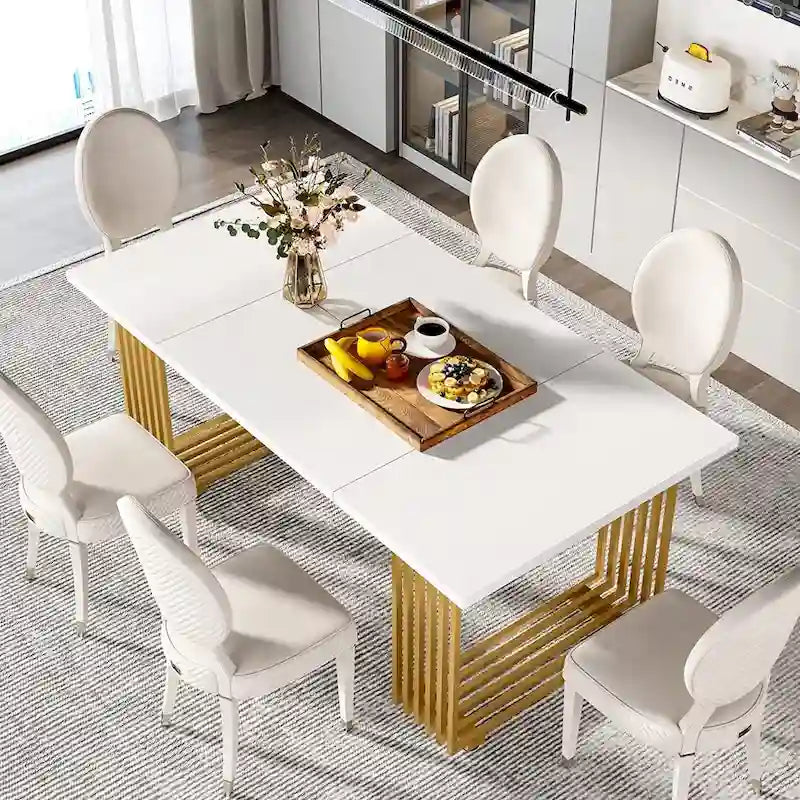Table à manger moderne blanche et dorée pour 6-8 personnes, 180 cm