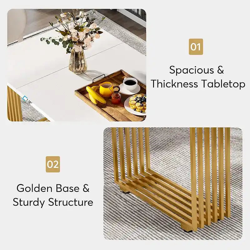 Table à manger moderne blanche et dorée pour 6-8 personnes, 180 cm