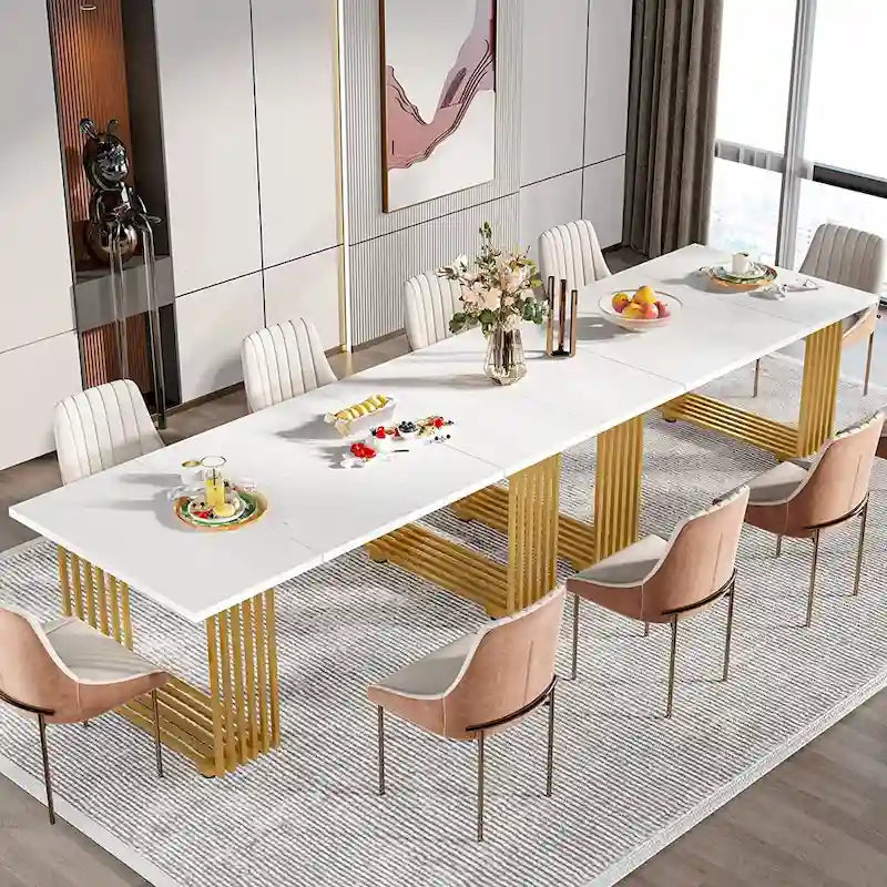 Table à manger moderne blanche et dorée pour 6-8 personnes, 180 cm