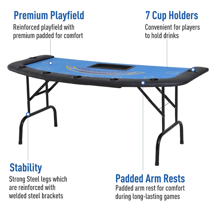 Table de poker demi-lune pliable pour 7 joueurs de 72 po - Bleu/Noir