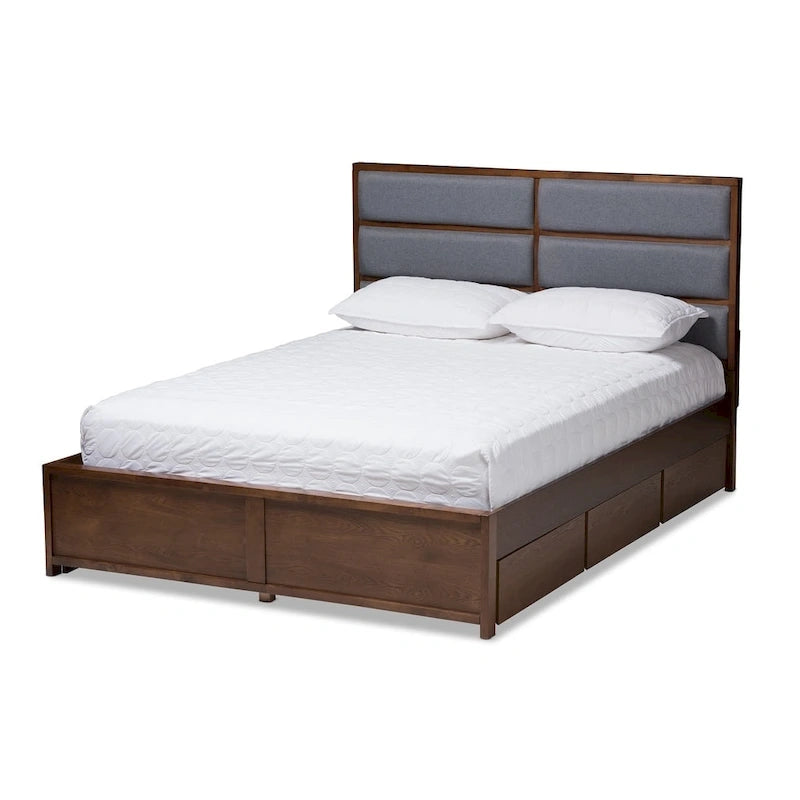 Lit de rangement contemporain en tissu gris et bois de noyer