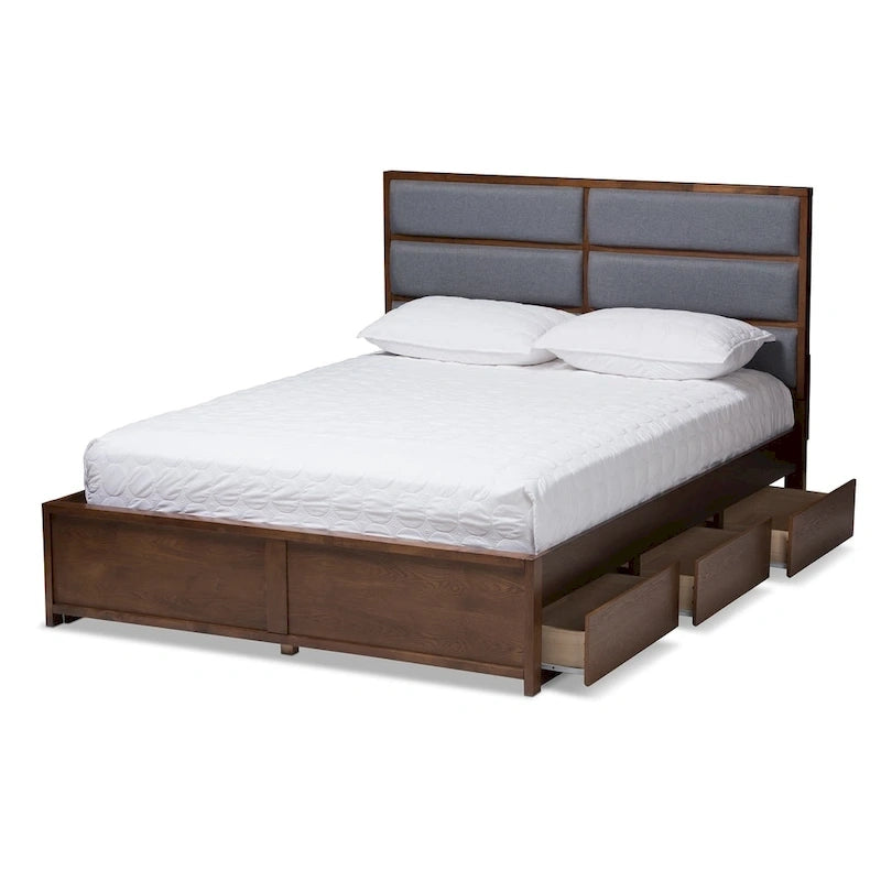 Lit de rangement contemporain en tissu gris et bois de noyer