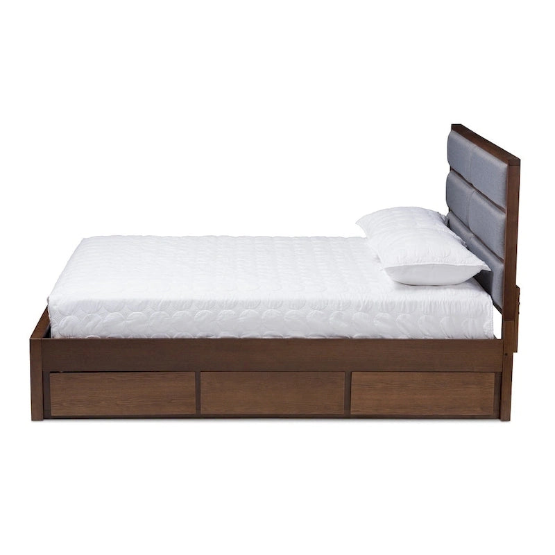 Lit de rangement contemporain en tissu gris et bois de noyer