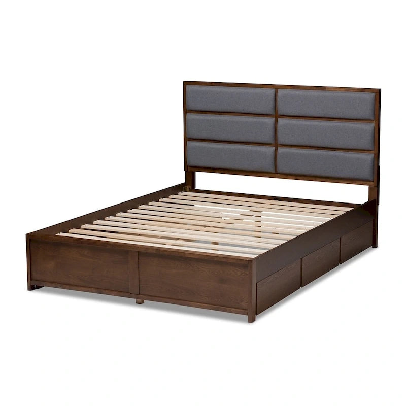 Lit de rangement contemporain en tissu gris et bois de noyer