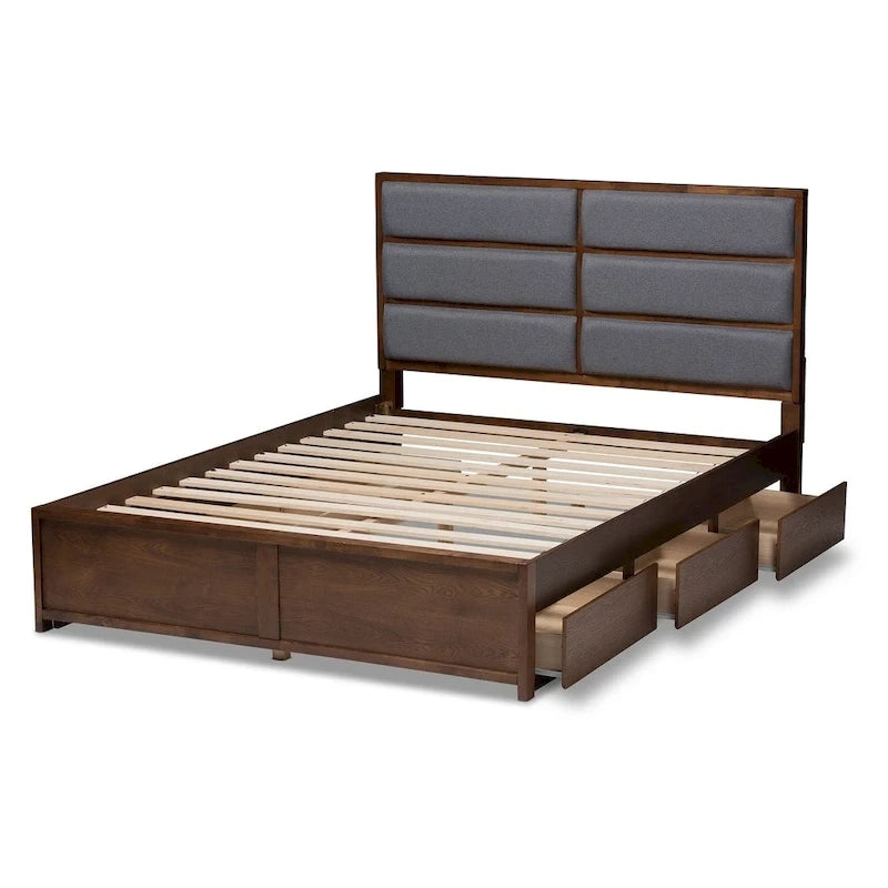 Lit de rangement contemporain en tissu gris et bois de noyer