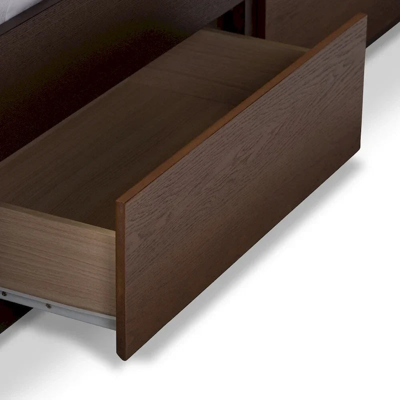 Lit de rangement contemporain en tissu gris et bois de noyer