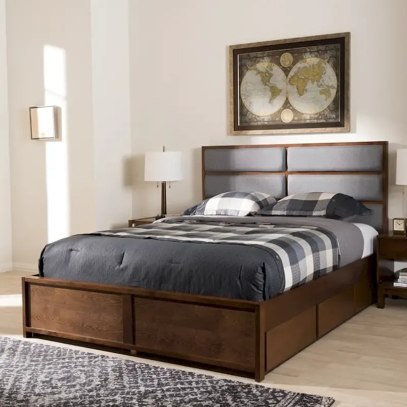 Lit de rangement contemporain en tissu gris et bois de noyer