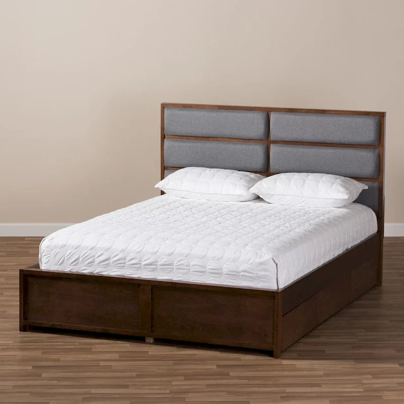 Lit de rangement contemporain en tissu gris et bois de noyer