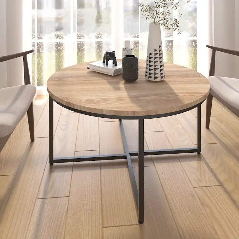 Table basse moderne ronde en métal et en bois