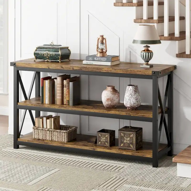 Table console étroite à 3 niveaux de 120 cm avec cadre métallique