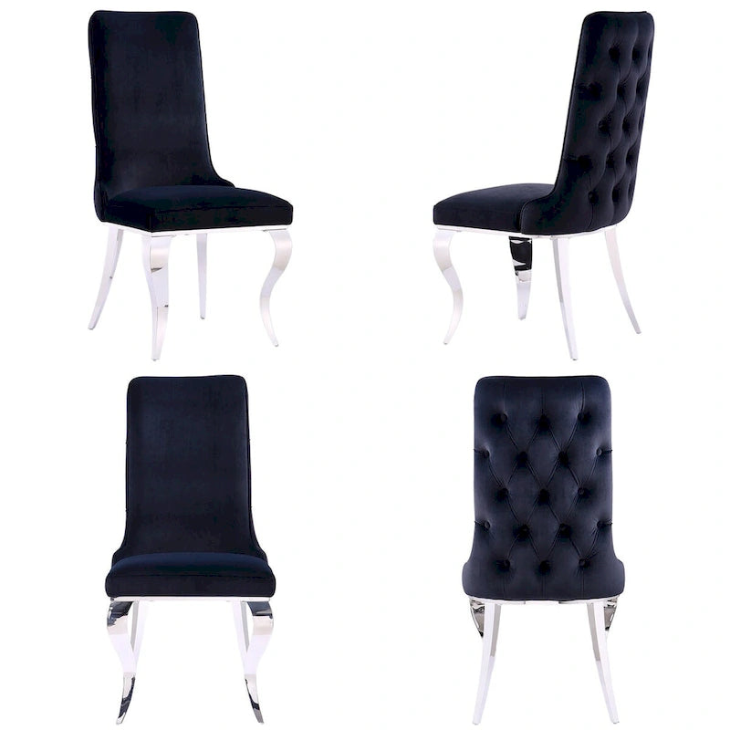 Chaises de salle à manger capitonnées en velours noir avec pieds en métal argenté