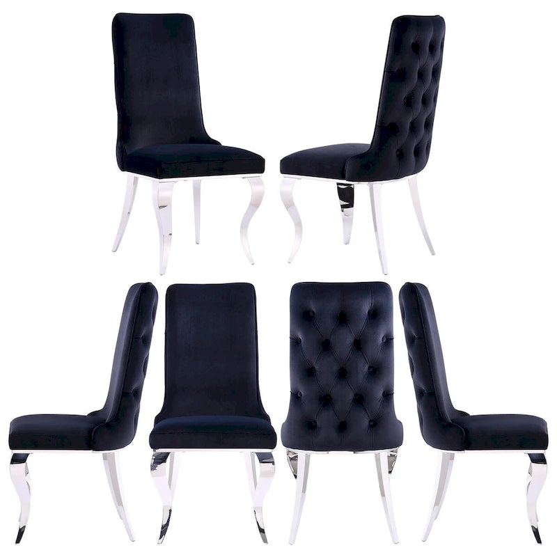 Chaises de salle à manger capitonnées en velours noir avec pieds en métal argenté
