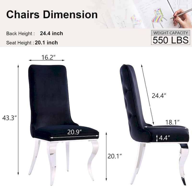 Chaises de salle à manger capitonnées en velours noir avec pieds en métal argenté