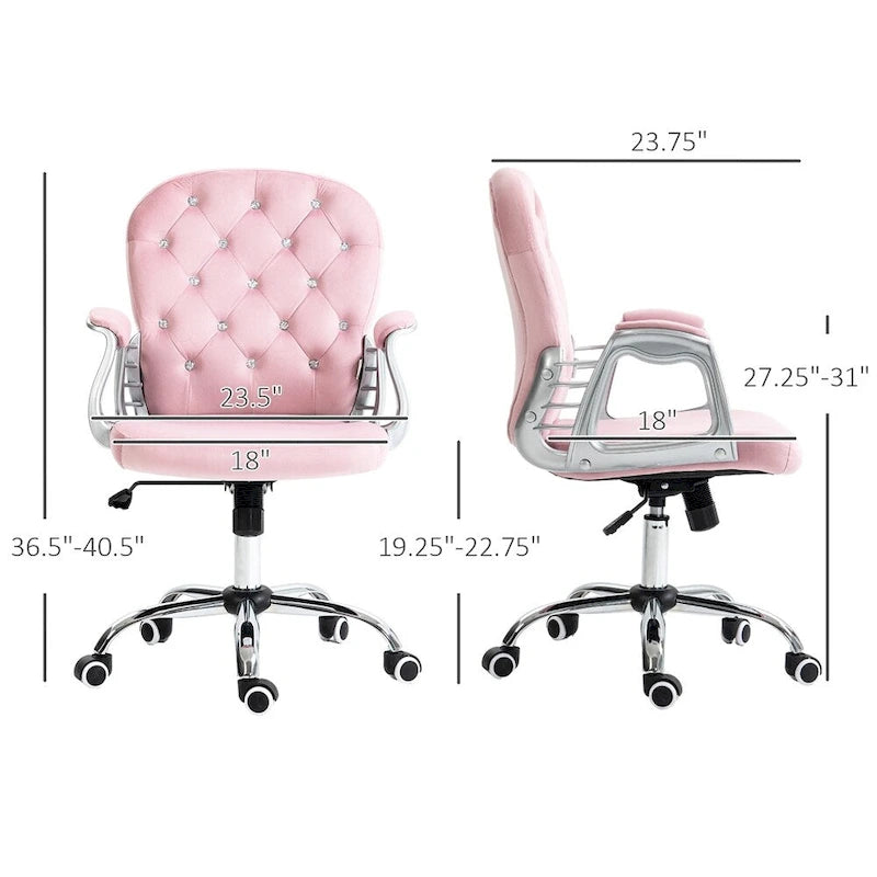 Chaise de bureau à domicile réglable en hauteur en velours avec accoudoirs rembourrés et roulettes