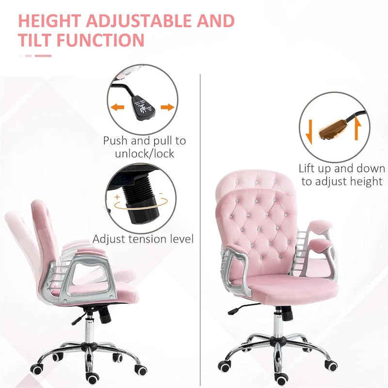 Chaise de bureau à domicile réglable en hauteur en velours avec accoudoirs rembourrés et roulettes