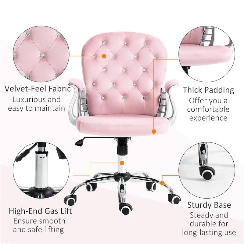Chaise de bureau à domicile réglable en hauteur en velours avec accoudoirs rembourrés et roulettes